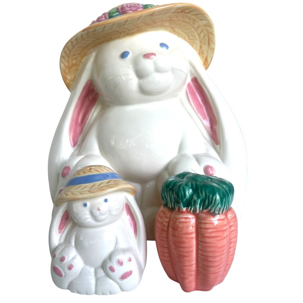 Vtg Anthropomorphic Rabbit Bunny Cookie Jar Hat & Salt Pepper Shakers Set Carrot